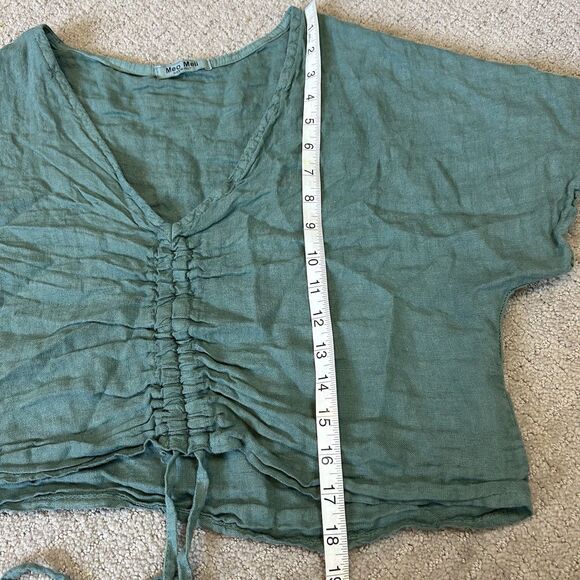 Meo Meli Linen Top Women’s M/L Green Short Sleeve Ruched Crop Lightweight Beachy - Picture 10 of 11